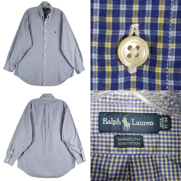 Polo Ralph Lauren Oxford Shirt Men's Size 17 XL Blue Yellow Plaid LS Button Down - Picture 1 of 9
